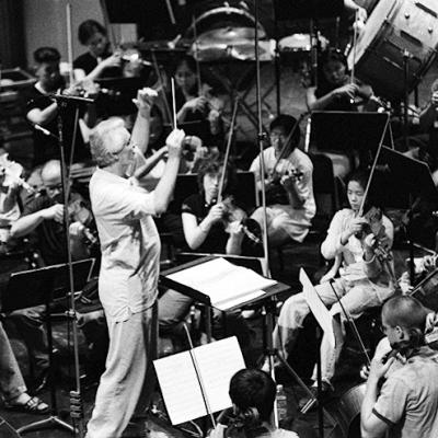 Conductor Nick Strimple and members of the Young Musician's Foundation Debut Orchestra